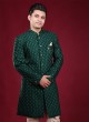 Raw Silk Indowestern In Bottle Green Color